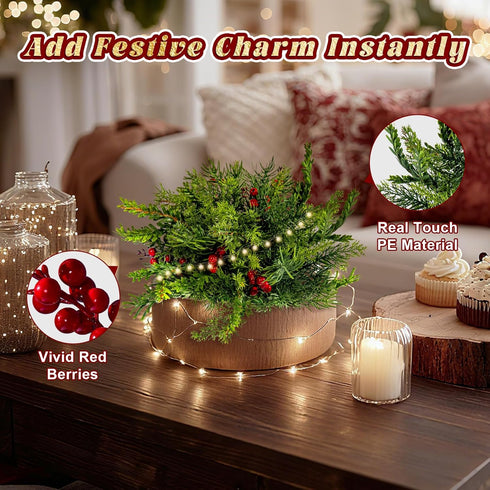 2PCS Bailikang Christmas Artificial Pine Needles Branches Table Decor with Red Berry Pine Cones Greenery Stems