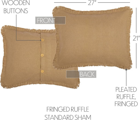 VHC Brands Burlap Pillow Sham Cover with Fringed Ruffle, Cotton Farmhouse Decor, Button