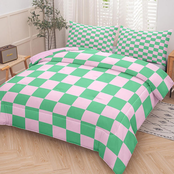 Tailor Shop Green Pink Plaid Comforter Sets Twin Women Men Green Checkerboard