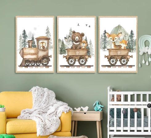 SZHUAAIC 3Pcs Woodland Animal Nursery Canvas Wall art Forest Wildlife Train Adventure Drawing Picture Wall Decor Fox