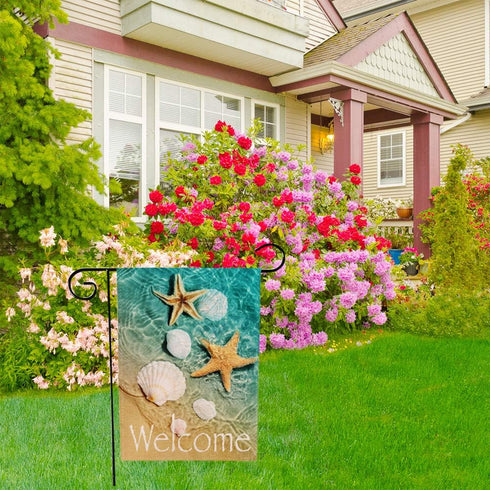 Welcome Beach Garden Flag, 12 x 18 Inch Double Sided Decorative Sea Flags with Starfish and Seashell for Outdoor Summer