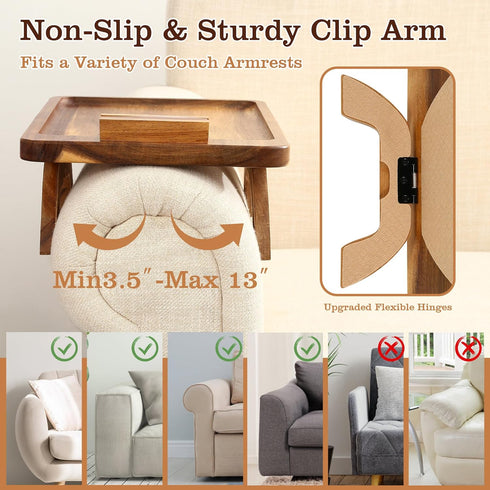 Acacia Wood Couch Armrest Table,Sofa Arm Tary Table for Living Room,Sofa Armrest Tray with Rotated Phone Holder,Clip on