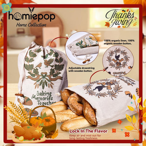 HomiePop 3Pcs 17 13 Inch Packaging Bread Bags for Homemade Bread Linen Reusable Bread Bags with Drawstring Closure