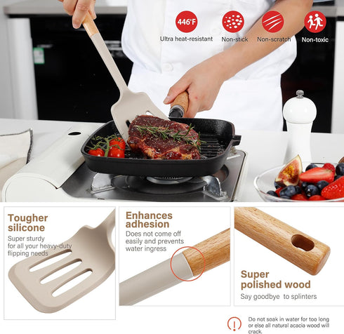 NCUE Kitchen Utensils Set, Large Non-stick Silicone Cooking Utensils Set 6 Pcs, Wooden Handle Heat Resistance Silicone Spatula Soup Ladle Pasta Server Kitchen Gadgets Utensils Set BPA Free (Khaki) by NCUE