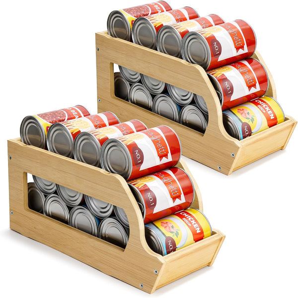 Bamboo Can Organizers and Storage for Pantry, Stackable Beverage Drink Holders, 2 Pack