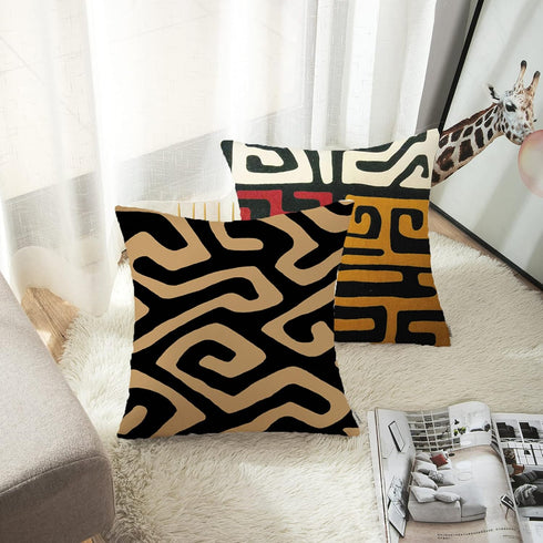 ArtSocket Set of 4 Throw Pillow Covers - Orange Tribal Kuba Inspired, Earth Colors Geometric Ethnic 18x18 Inches
