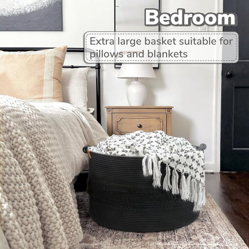 CherryNow Extra Large Black Laundry Basket - Rope Storage for Bathroom, Bedroom, Living Room, 22 x 14 inches