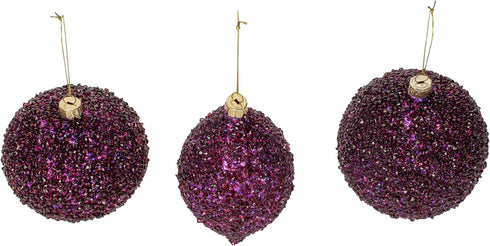 Beaded Purple Plum Glittered Ball Finial - 6 inch Glass Decorative Hanging Christmas Ornament Set
