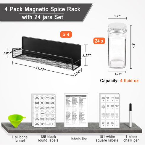 24 4 OZ 4 Churboro Magnetic Spice Rack for Refrigerator with Spice Jars- Includes Pcs Seasoning Containers with Labels