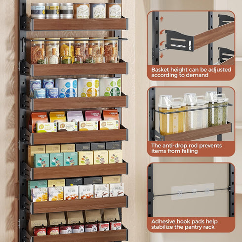 8-Tier 2 1 Spice Rack Wall Mount, Heavy-Duty Over the Door Pantry Organizer with Wooden Adjustable Basket, IN Wall
