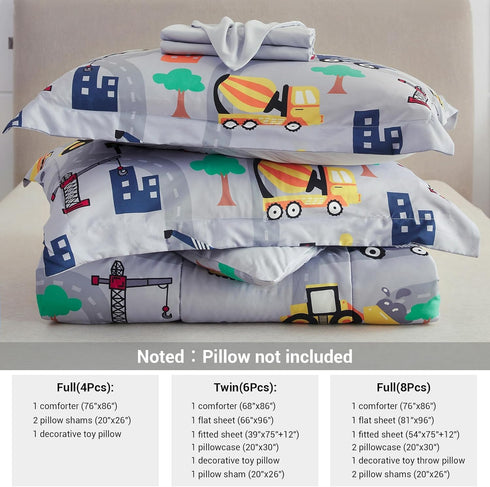 Sets 6 Set Set, Mooreeke Kids Twin Comforter for Boys Pieces Excavator Grey Bedding for Teens Soft Microfiber Kids Bed