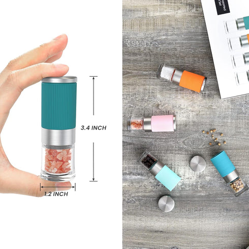 VEVOK CHEF 4Pcs Mini Glass Salt and Pepper Grinder Set, Portable Ceramic Shakers for Travel Kitchen Gift