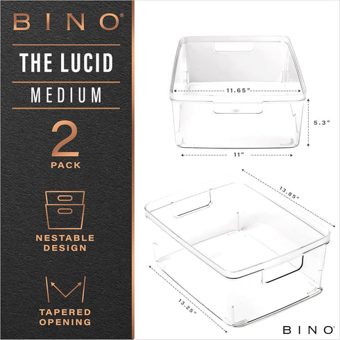 BINO Plastic Storage Bins, Medium - 2 Pack, Clear Storage Containers with Built-In Handles, BPA-Free