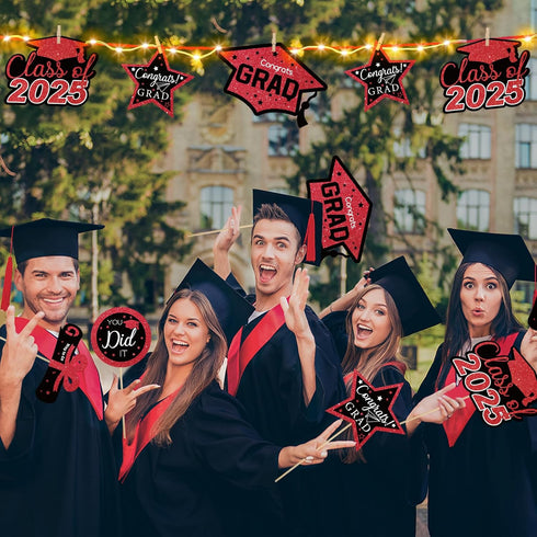 Graduation Decorations Class of 2025 - 36pcs Red and Black Table Centerpieces Sticks with Lights for Grad Party Supplies