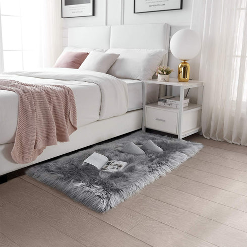 SERISSA Ultra Soft Faux Fur Area Rug Grey Fluffy Plush Chair Cover Seat Pad 2x4 Feet (Rectangular, Light Grey)