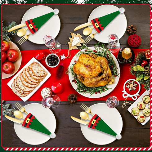 Hiboom 50 Pcs Christmas Cutlery Holders, Elf Hats Non Woven Fabric Silverware Storage Bag for Table Flatware