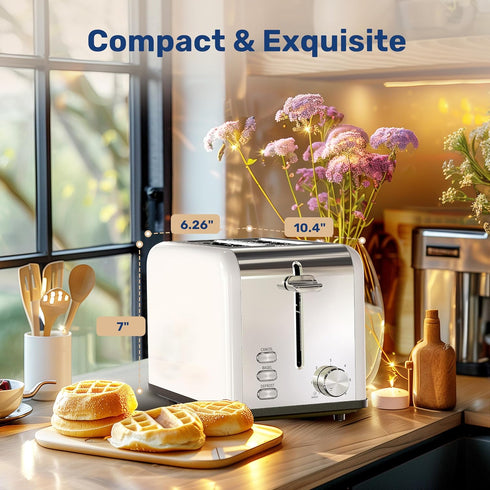 YSSOA Stainless Steel 2 Slice Toaster, Extra Wide Slot with 6 Shade Settings and Bagel/Defrost/Cancel Functions, White