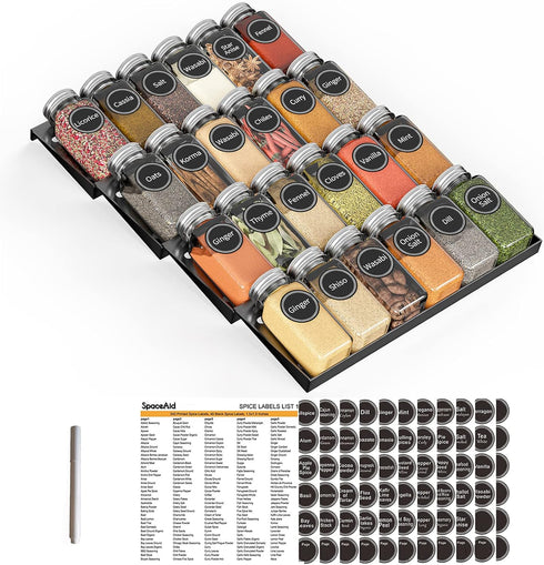 SpaceAid Spice Drawer Organizer with 24 Spice Jars, 386 Spice Labels, 4