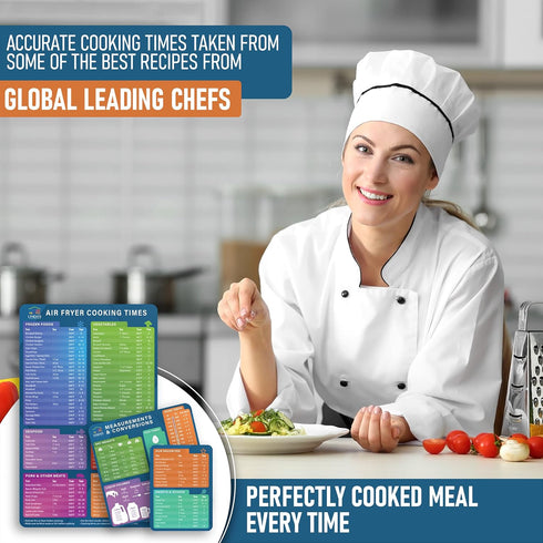Air Fryer Magnetic Cheat Sheet Set by Linda’s Essentials - Quick Reference Guide for Cooking Times & Kitchen Conversions
