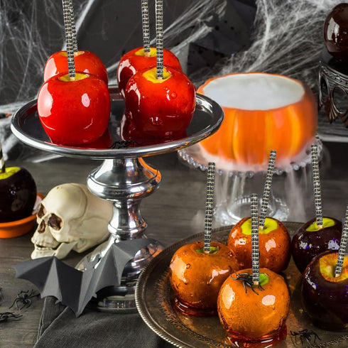 32 PCS Bling Candy Apple Bamboo Sticks, Caramel Apple Wooden Pointed Skewers with Rhinestones Diamond Mesh Wrap, Fruit