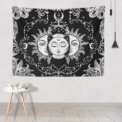Ftuency Black and White Sun and Moon Tapestry, Mystic Burning Sun Wall Hanging Decor for Bedroom (59" W x 51" L)