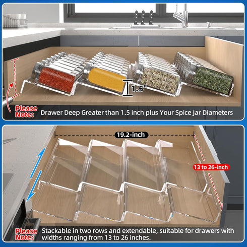 Clear Acrylic Spice Drawer Organizer, 4 Tier- 2 Set Expandable from 13" to 26" for Kitchen Spice Rack Tray