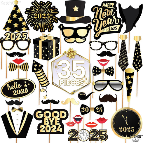 KatchOn New Years Photo Booth Props 2025 - Pack of 35 for New Years Eve Party Supplies and Decorations