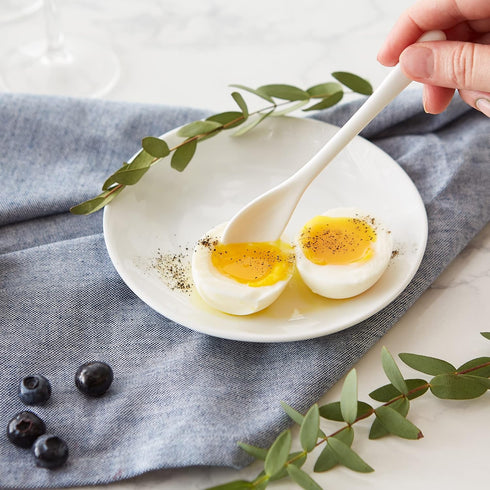 RSVP International Poached Egg Spoon, 4 Piece Set for Jam, Honey or Soft Boiled Eggs, 5.5" Length, White Porcelain