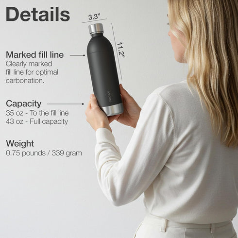43 oz 3 Stainless Steel Carbonating Bottle | Compatible with Aarke Carbonator (Not Pro) and SMEG Soda Makers | No