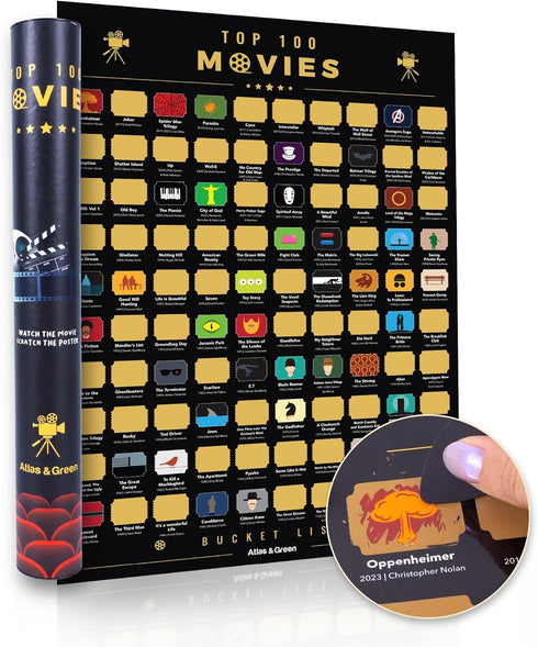 Atlas & Green Top 100 Movies Poster, Scratch Off Movie Poster with 2024 Blockbusters, Bonus Accessories