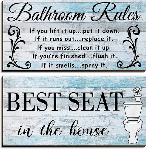 Jetec 2 Pieces Funny Bathroom Pictures Wall Sign Decor - Rustic Farmhouse Bathroom Rule Wall Art