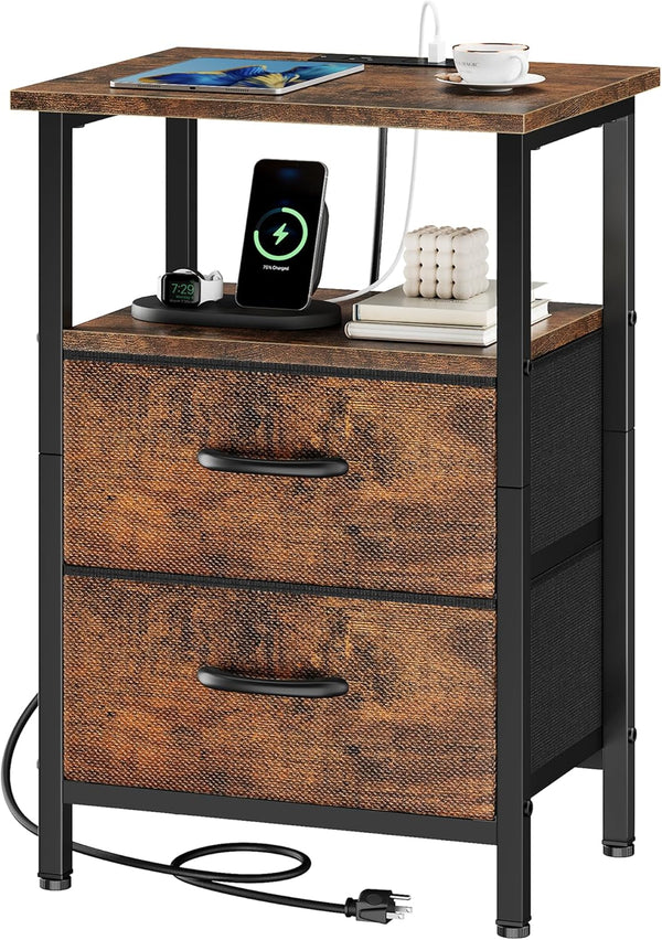 Vagusicc Nightstand with Charging Station, Small Night Stand with Fabric Drawers for