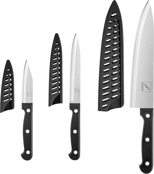 Kitchen Knife, 3-Pcs Knife Set With Sheath, 8 Inch Chef Knife, 4.5 Inch Utility Knife, 4 Inch Paring Chef Knife, Stainless Steel, Black by COKUMA