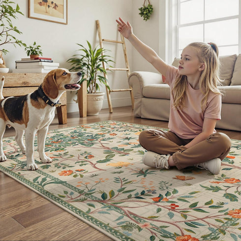 Lanffia 5x7 Botanical Washable Area Rug, Soft Whimsical Non Slip Rugs for Nursery, Beige Tree Plant Indoor Floor Throw