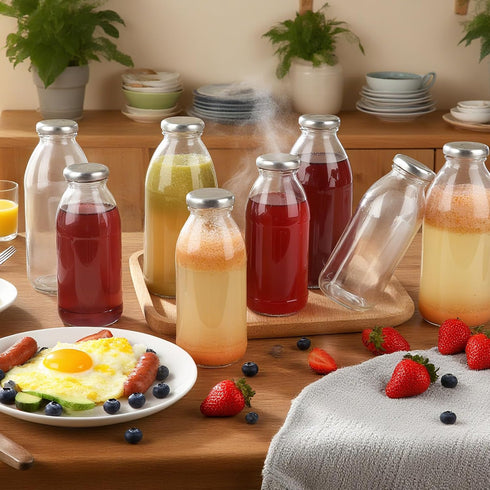 9 oz 6 Pack Glass Milk Bottles with Lids, Reusable Juice Bottle, Drinking Jars Container for Homemade Juicing
