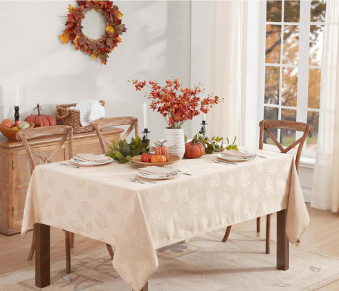 60 102 Inch, Newbridge Taupe Tremont Leaf Damask Rectangle Fabric Spring Lodge Tablecloth, x Elegant Holiday Swirling