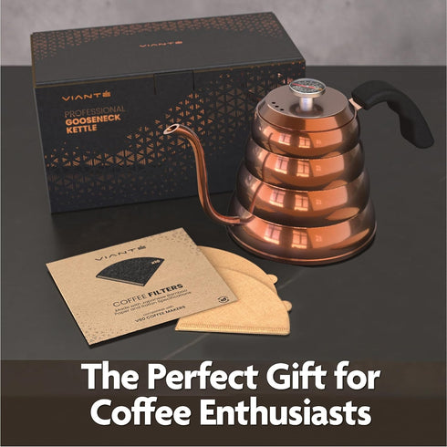 40 oz. Viant Gooseneck Stovetop Pour Over Coffee Kettle with Thermometer for Drip Coffee and Tea. Premium Copper
