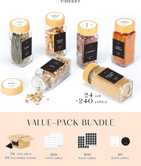 4oz 24 Pack Set, Set Bamboo Glass Spice Jars with Label and Shaker Lids Clear Empty Bottles Square Glass Spice