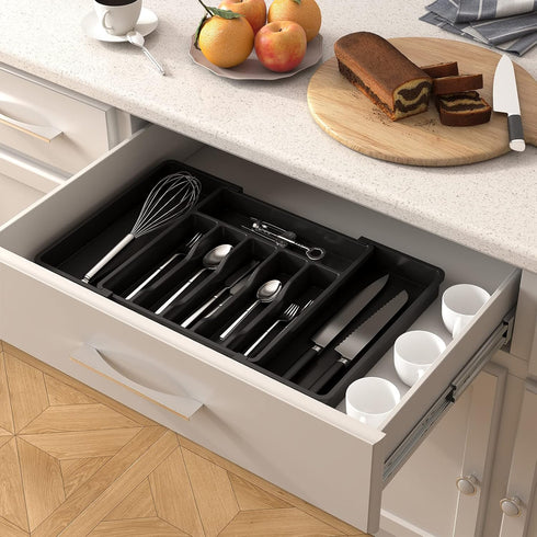 Lifewit Expandable Silverware Drawer Organizer, BPA Free Utensil Tray for Kitchen, Adjustable Plastic Storage (Black)