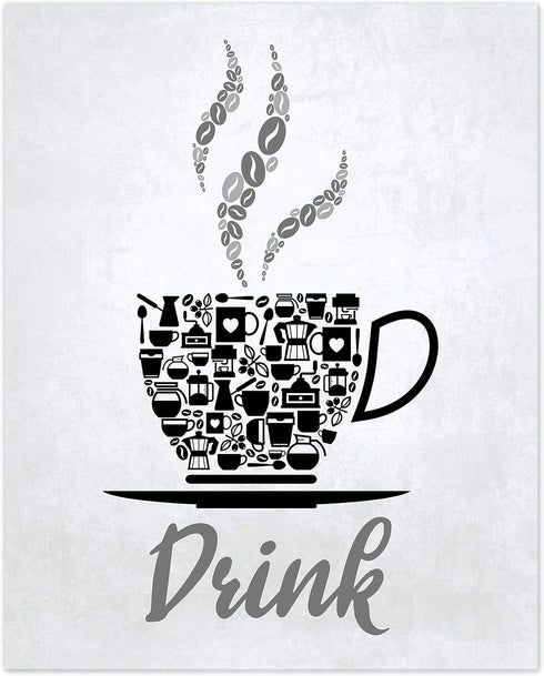 Black Grey White Mosaic Vintage Kitchen Wall Art, Eat Drink Love Wine Coffee Hearts Prints for Rustic Home