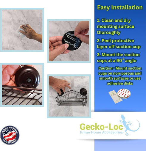 Gecko-Loc Corner Bathroom Shower Caddy shelf organizer suction cup wall storage basket - bath kitchen shampoo