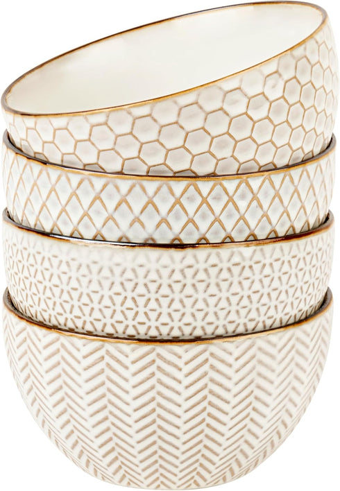 KooK Ceramic Cereal Bowls Set of 4, Embossed for Yogurt, Dessert, and Poke, Microwave & Dishwasher Safe, Cream