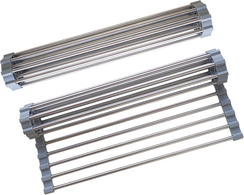 Roll Up Dish Drying Rack, Stainless Steel and Silicone Over The Sink Foldable Drain Rack for Kitchen, 14.5” x 14”, Gray
