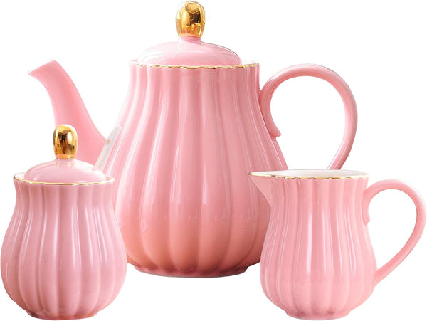 Jusalpha Porcelain Tea Set- Pink Teapot and Creamer Sugar Bowl Set, TW