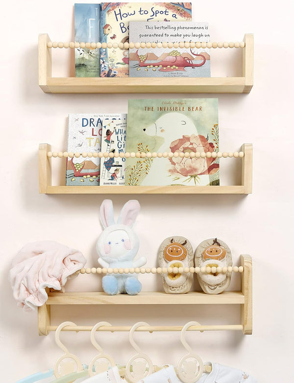 Maxpeuvon Nursery Floating Shelves for Wall, Set of 3 Book Shelves Natural