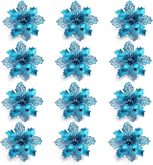 GL-Turelifes 12 Pieces 6.3’’ Glitter Christmas Flowers - Lake Blue Poinsettia Artificial Flower for Wreath and Tree
