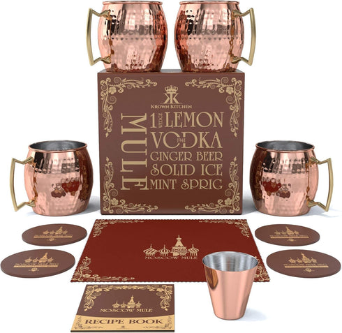 Hammered Moscow Mule Copper Mug Set of 4, Stainless Steel Lining, 16 oz
