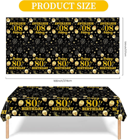 2 Pack 80th Tablecloths,54 108 inch Birthday x Disposable Black and Gold Plastic Waterproof Rectangular Table Covers