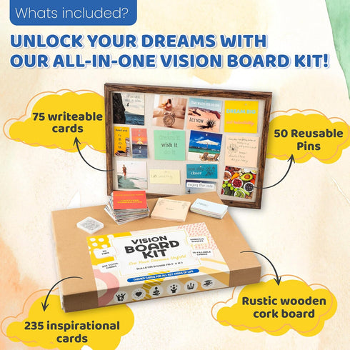 Vision Board Kit, Linen Cork Board for Wall, 235 Cards, 15.3"x11", All Supplies for Visualization & Goal Setting