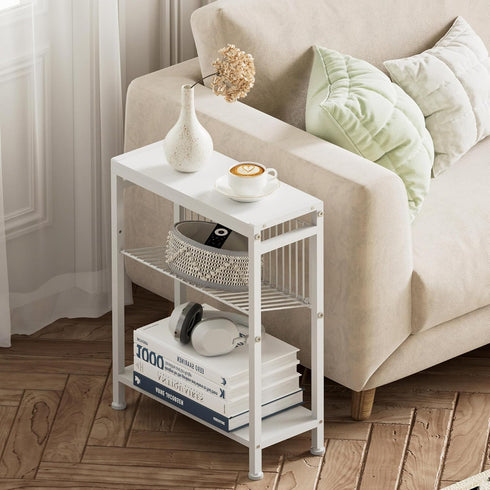 3-Tier End Table for Small Space, Narrow Side Table with Magazine Holder,Small Nightstand, Skinny Snack Couch Table